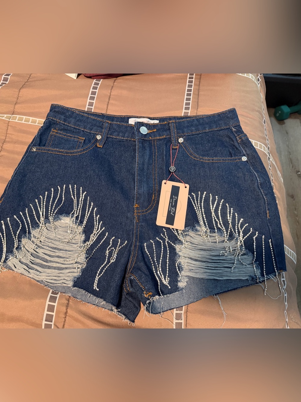 Denim Blvd Distressed Shorts with Embellished Fringes - NWT - women’s medium